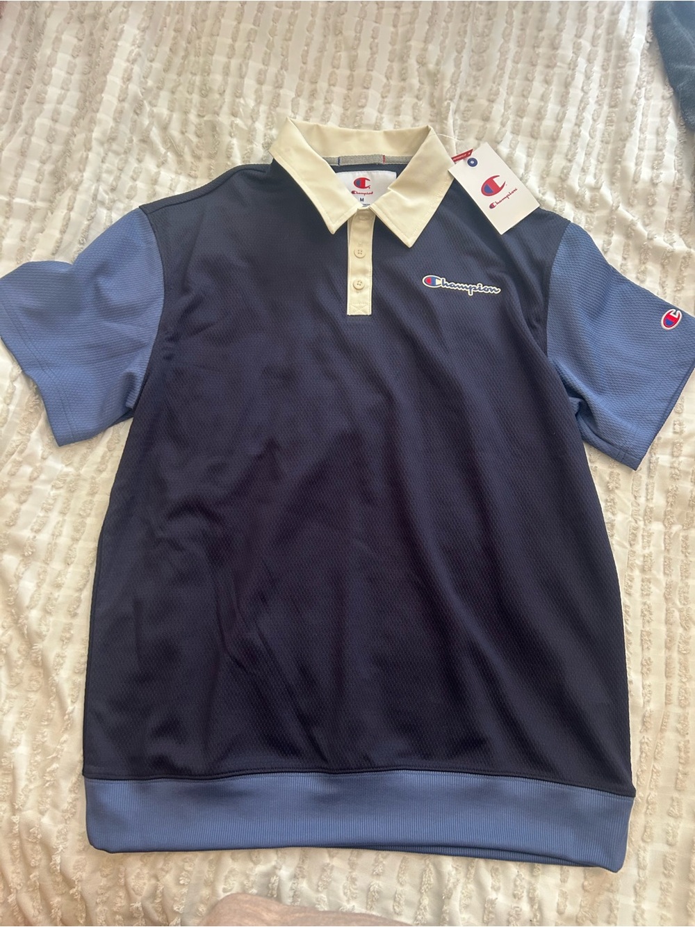 Champion Men’s Navy Polo with Light Blue Sleeves & Cream Collar